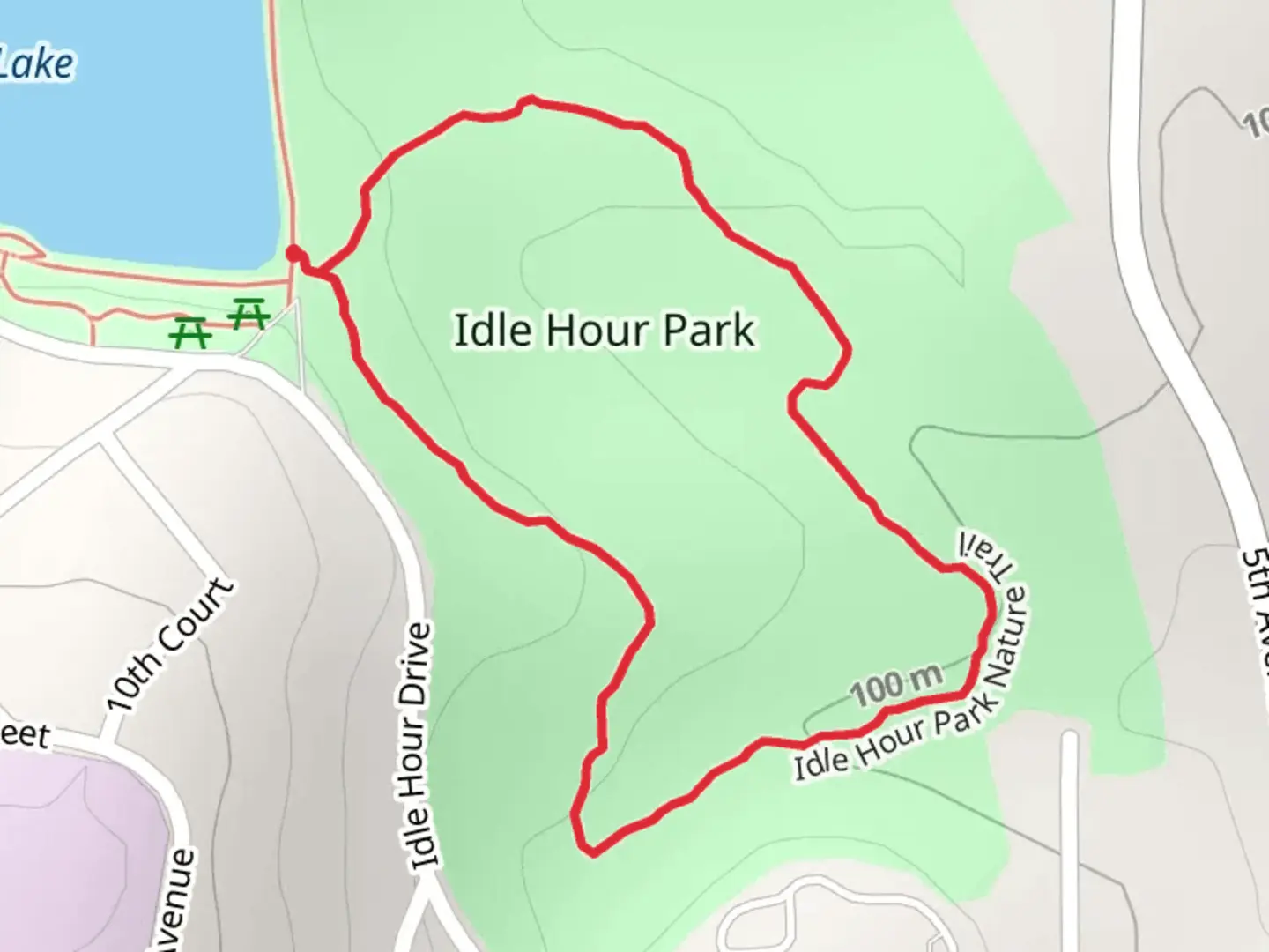 An image depicting the trail Idle Hour Park Nature Loop Trail and its surrounding area.