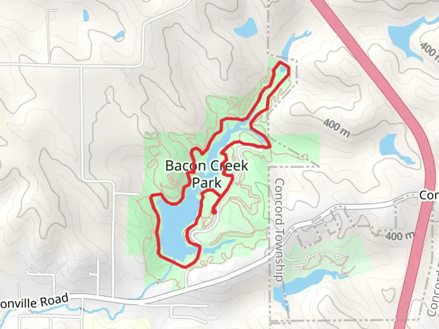 An image depicting the trail Bacon Creek Park Loop and its surrounding area.