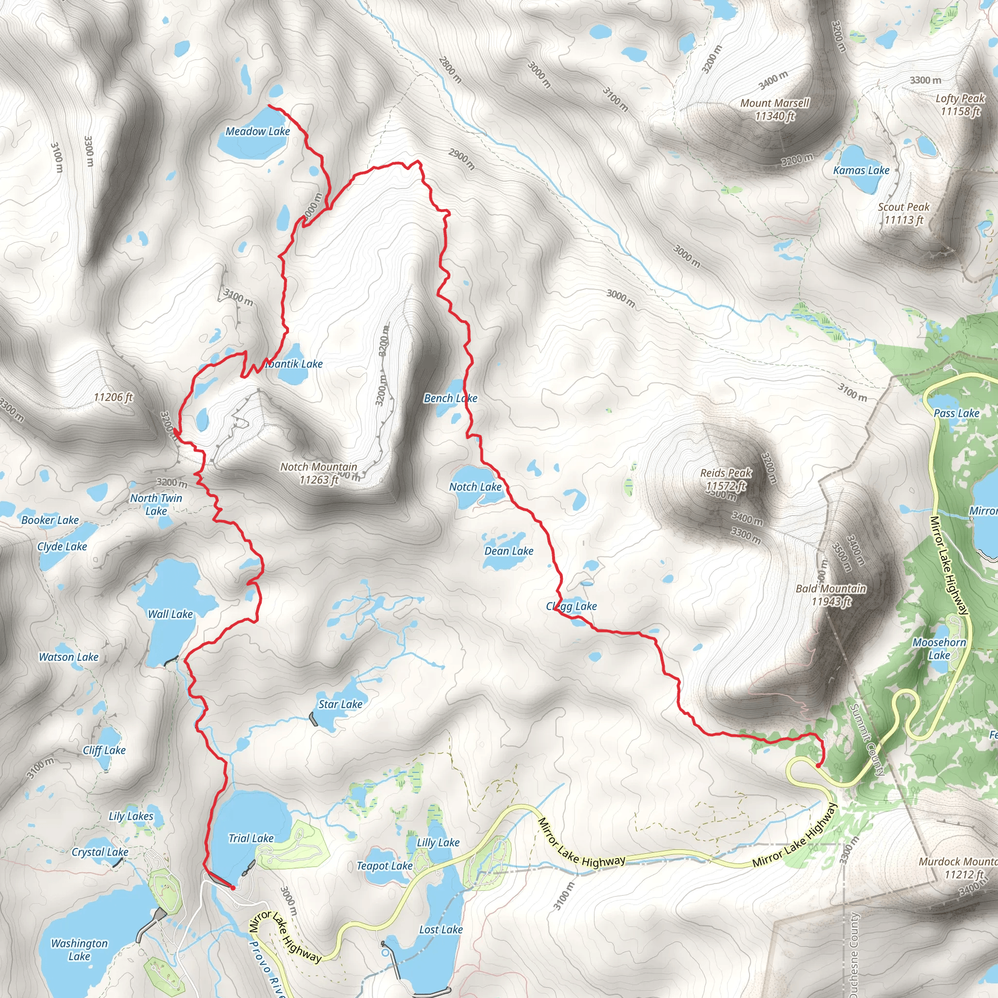 Trial Lake, The Notch, Meadow Lake and Clegg Lake mobile static map