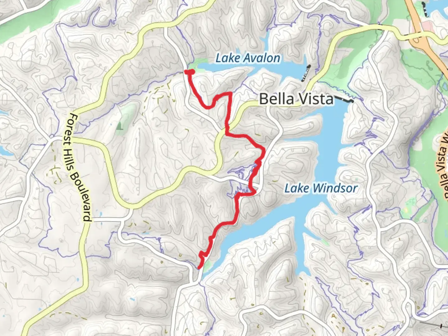 An image depicting the trail Lago Vista East and Up Hills Both Ways and its surrounding area.