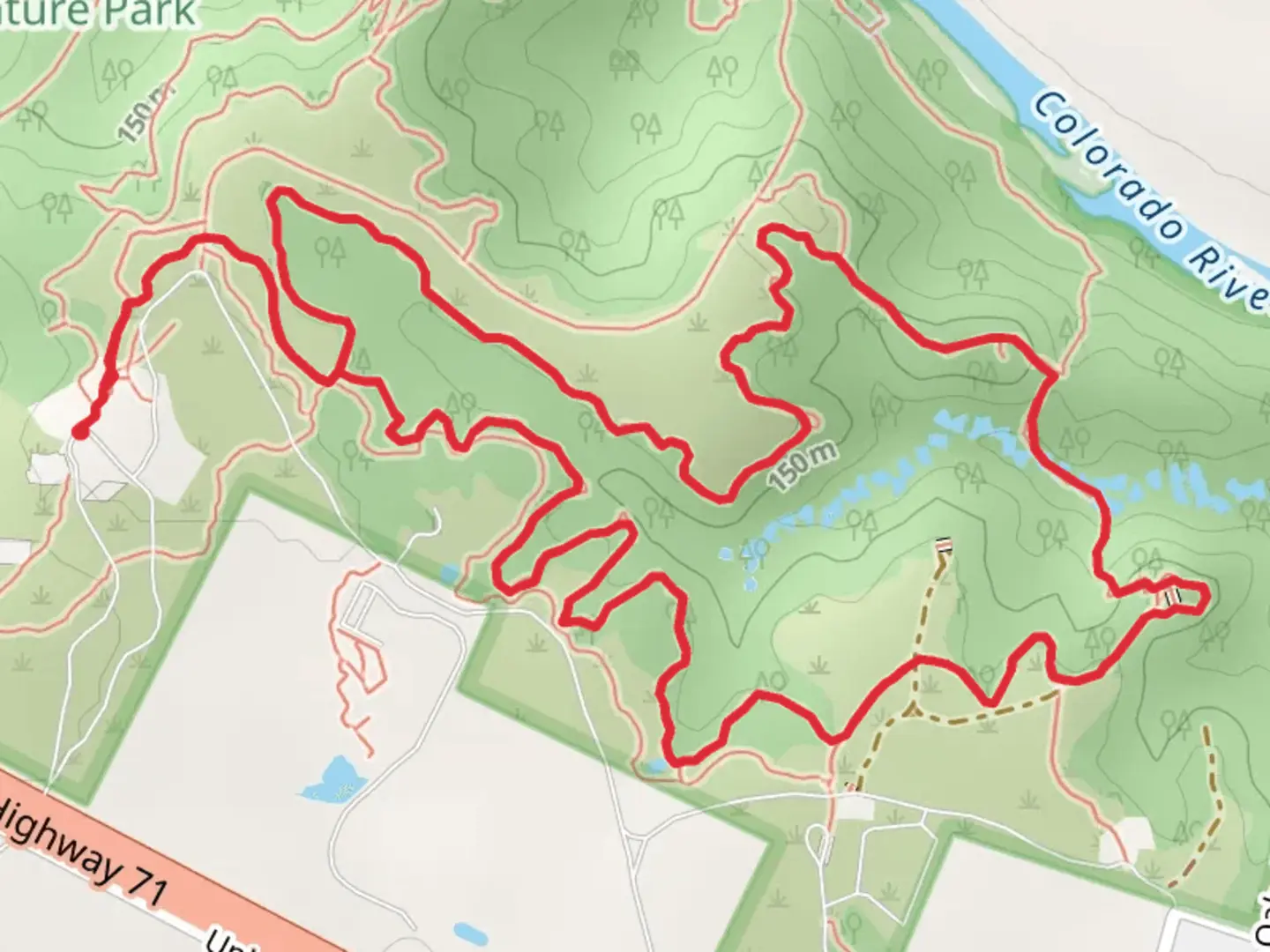 An image depicting the trail Mckinney Roughs Nature Park Loop - East and its surrounding area.