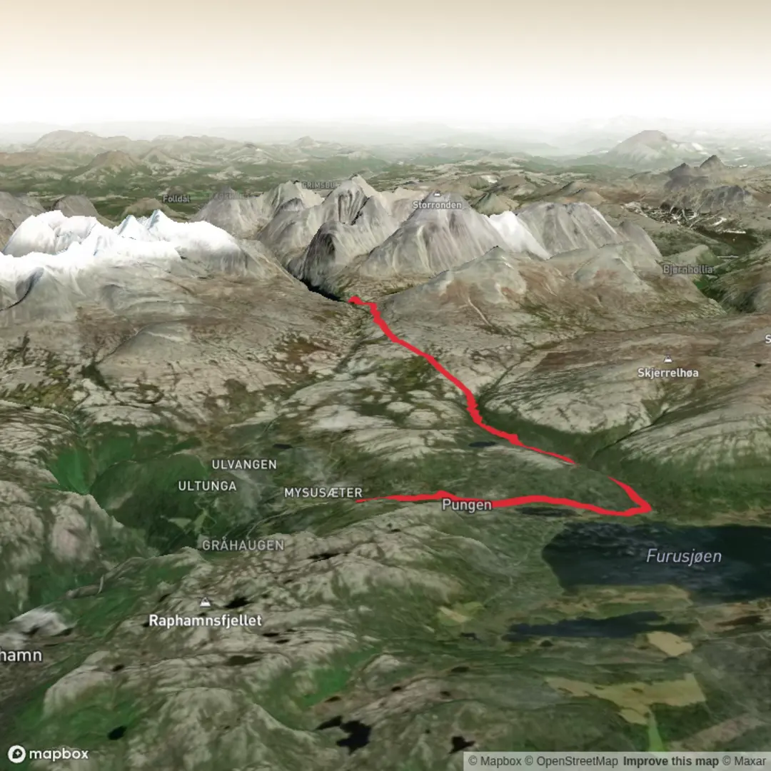 An image depicting the trail Mysusæterto to DNT Rondvassbu and its surrounding area.