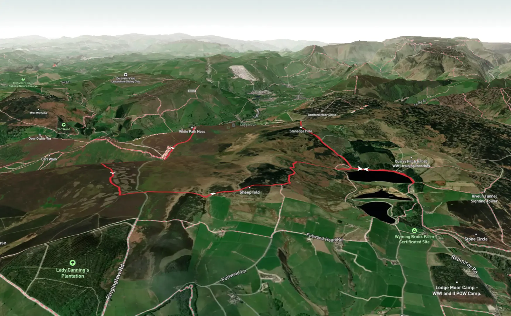 An image depicting the trail Redmires Upper Reservoir, Stanedge Pole and White Path Moss Loop and its surrounding area.