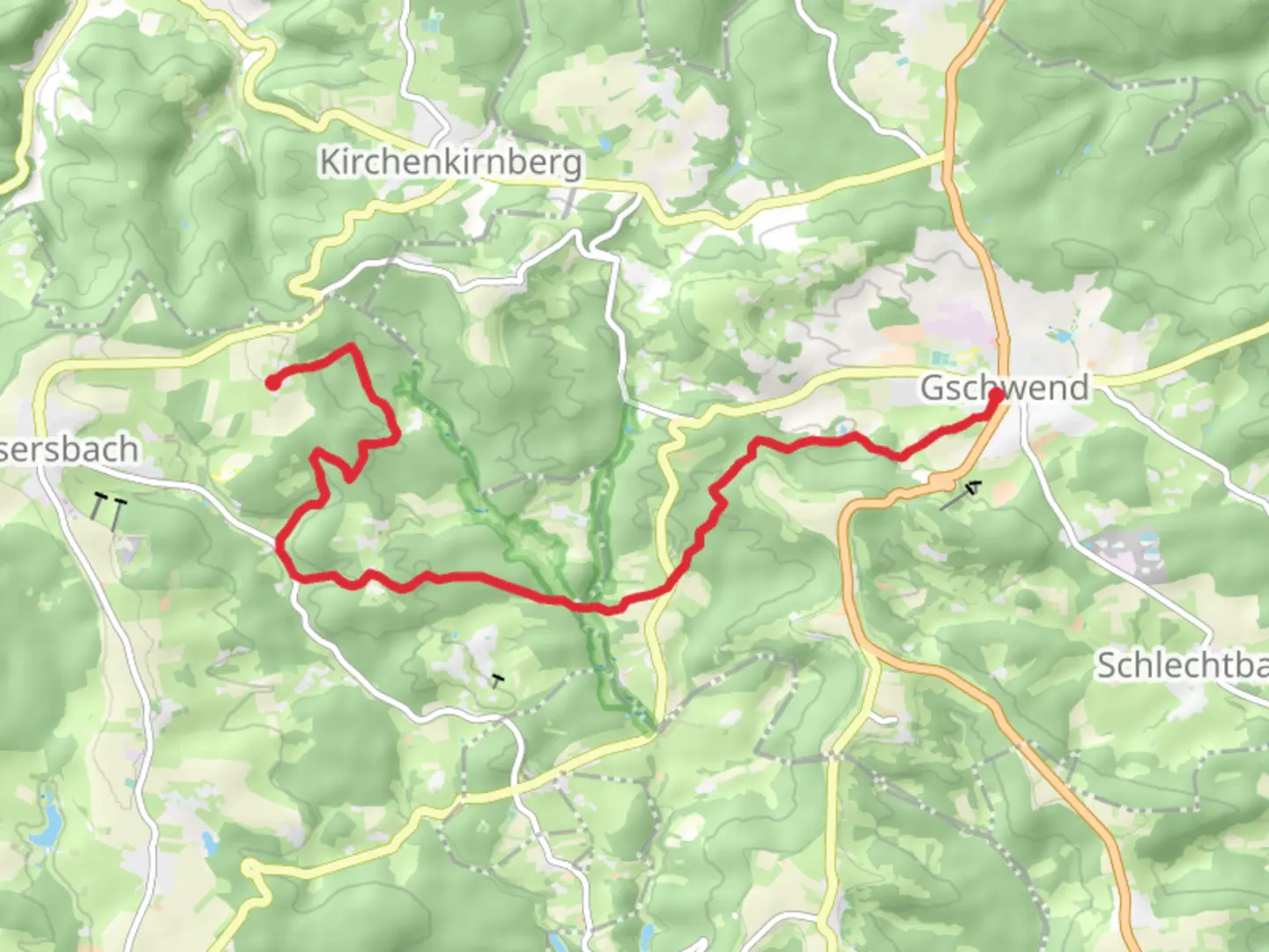 An image depicting the trail Mönchhof to Gschwend via Hageles und Brunnenklinge and its surrounding area.