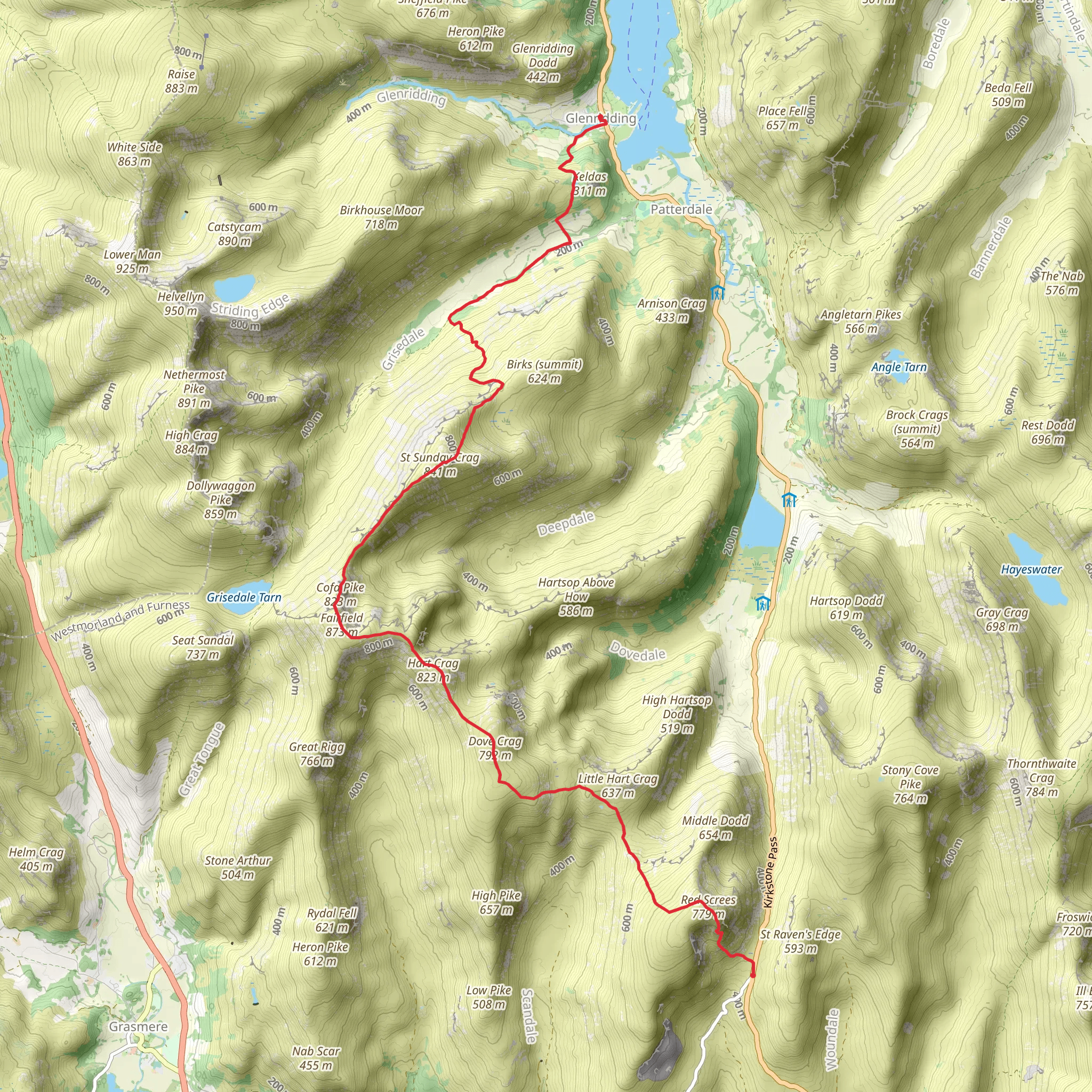Kirkstone to Glenridding via Red Screes, Dove Crag, Hart Crag, Fairfield and St Sunday Crag mobile static map