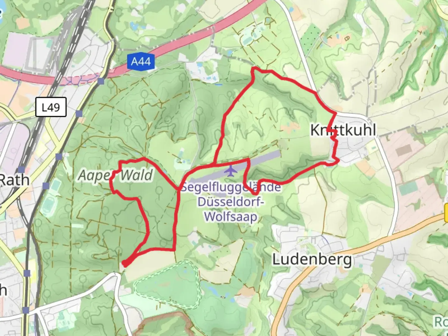 An image depicting the trail Düsseldorf-Wolfsaap Glider Field and Aaper Wald Loop and its surrounding area.