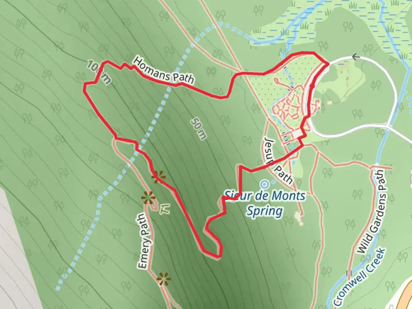An image depicting the trail Homans Path and Emery Path Loop and its surrounding area.