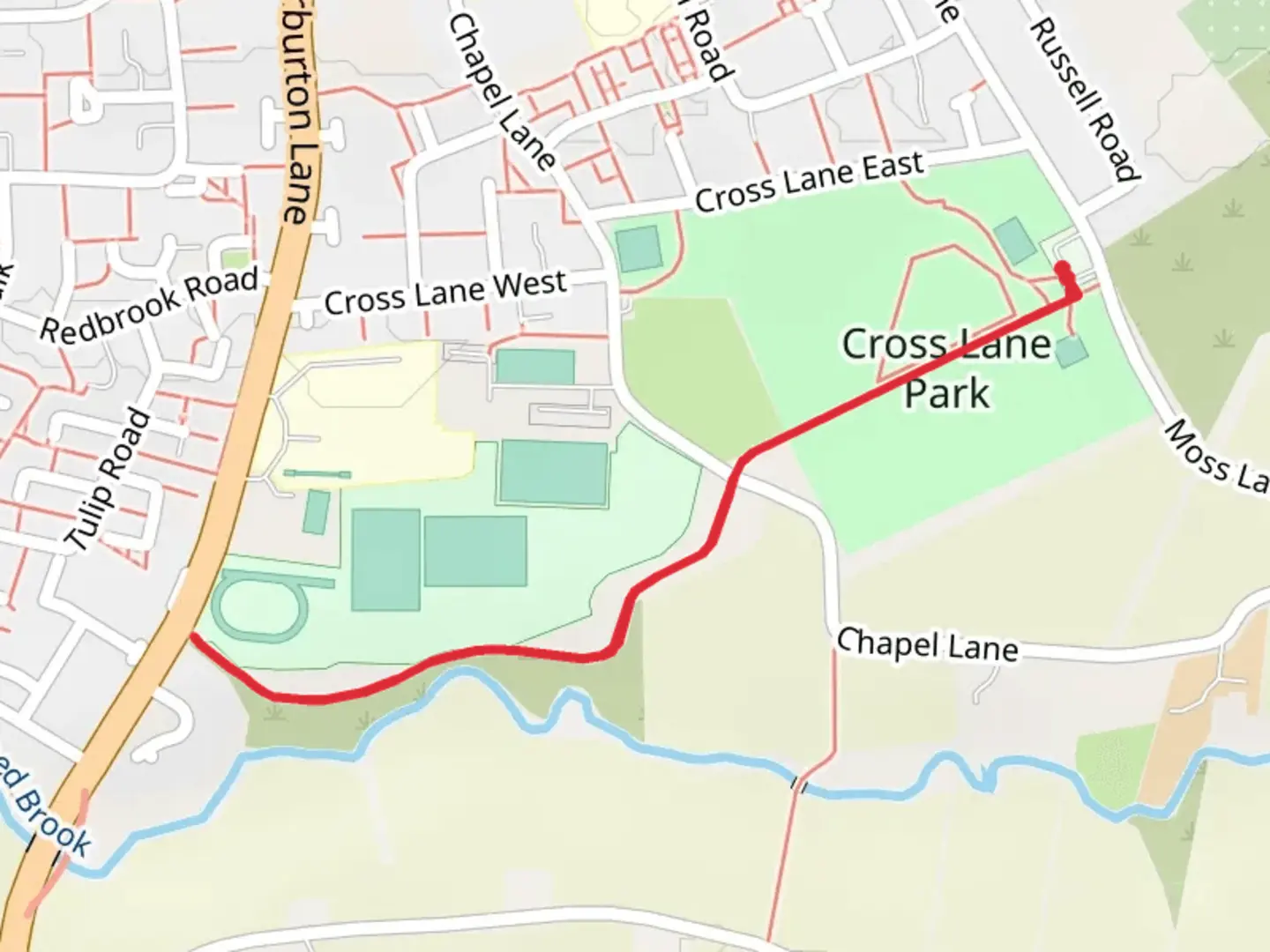 An image depicting the trail Cross Lane Park Loop and its surrounding area.