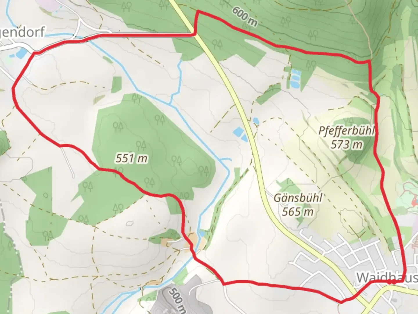 An image depicting the trail Waidhaus-Hagendorf-Waidhaus and its surrounding area.