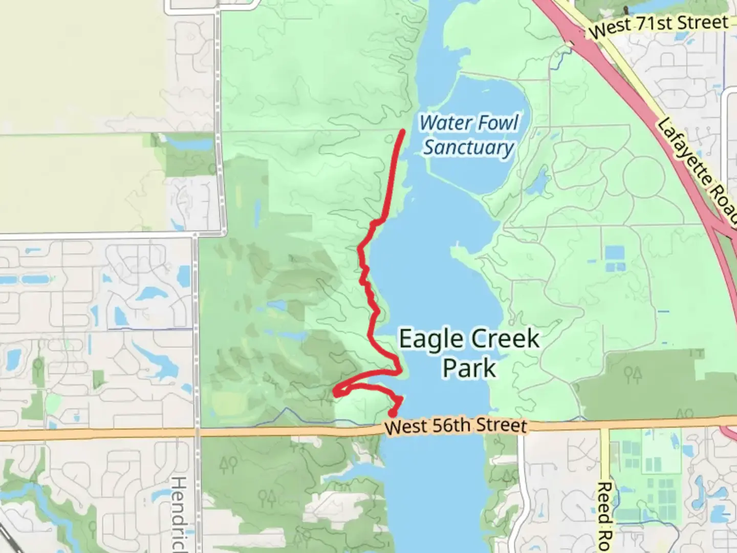 An image depicting the trail Eagle Creek Park West Trail Out and Back and its surrounding area.