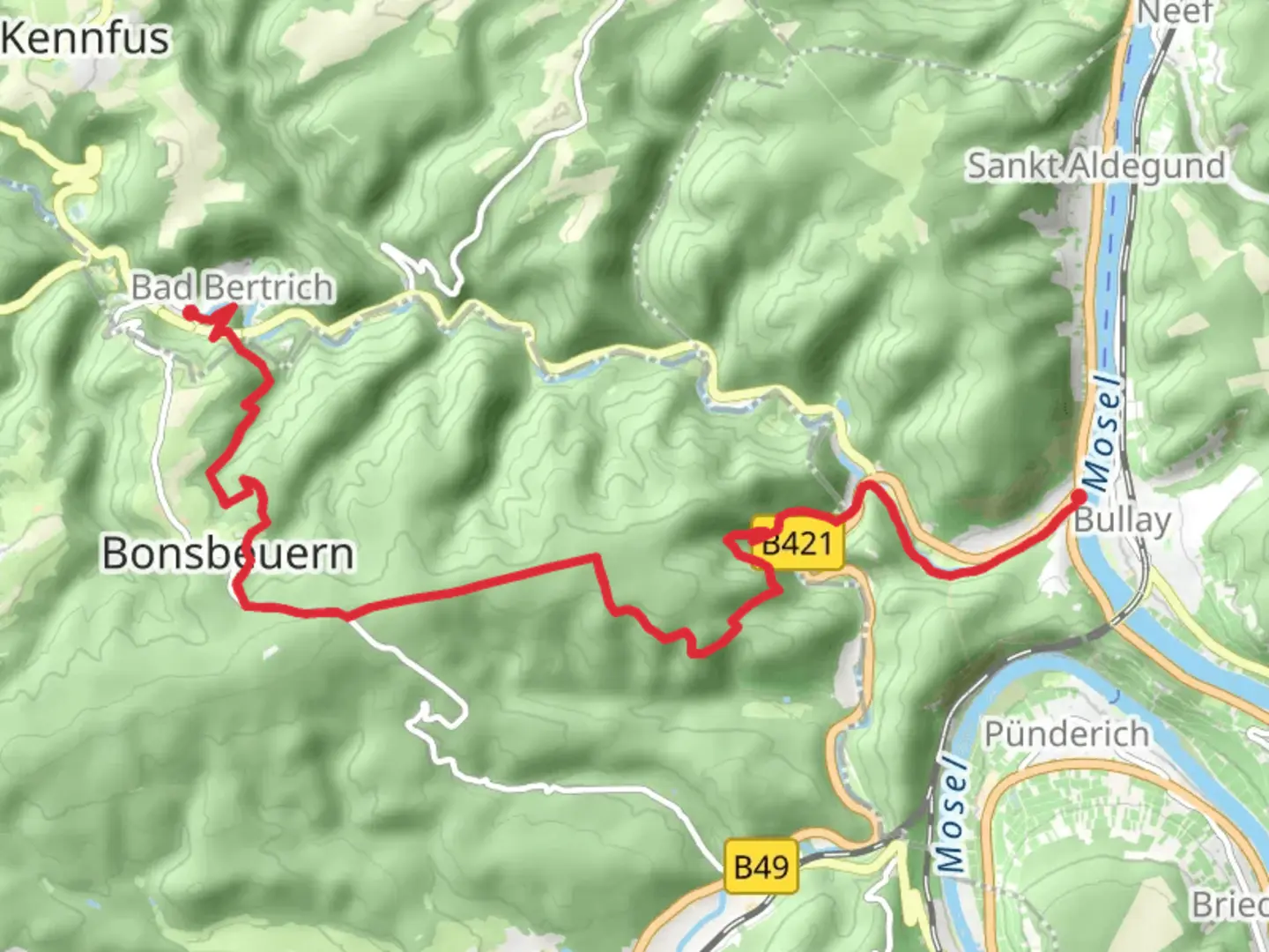 An image depicting the trail Alf to Bad Bertrich via Mosel-Our Weg and its surrounding area.