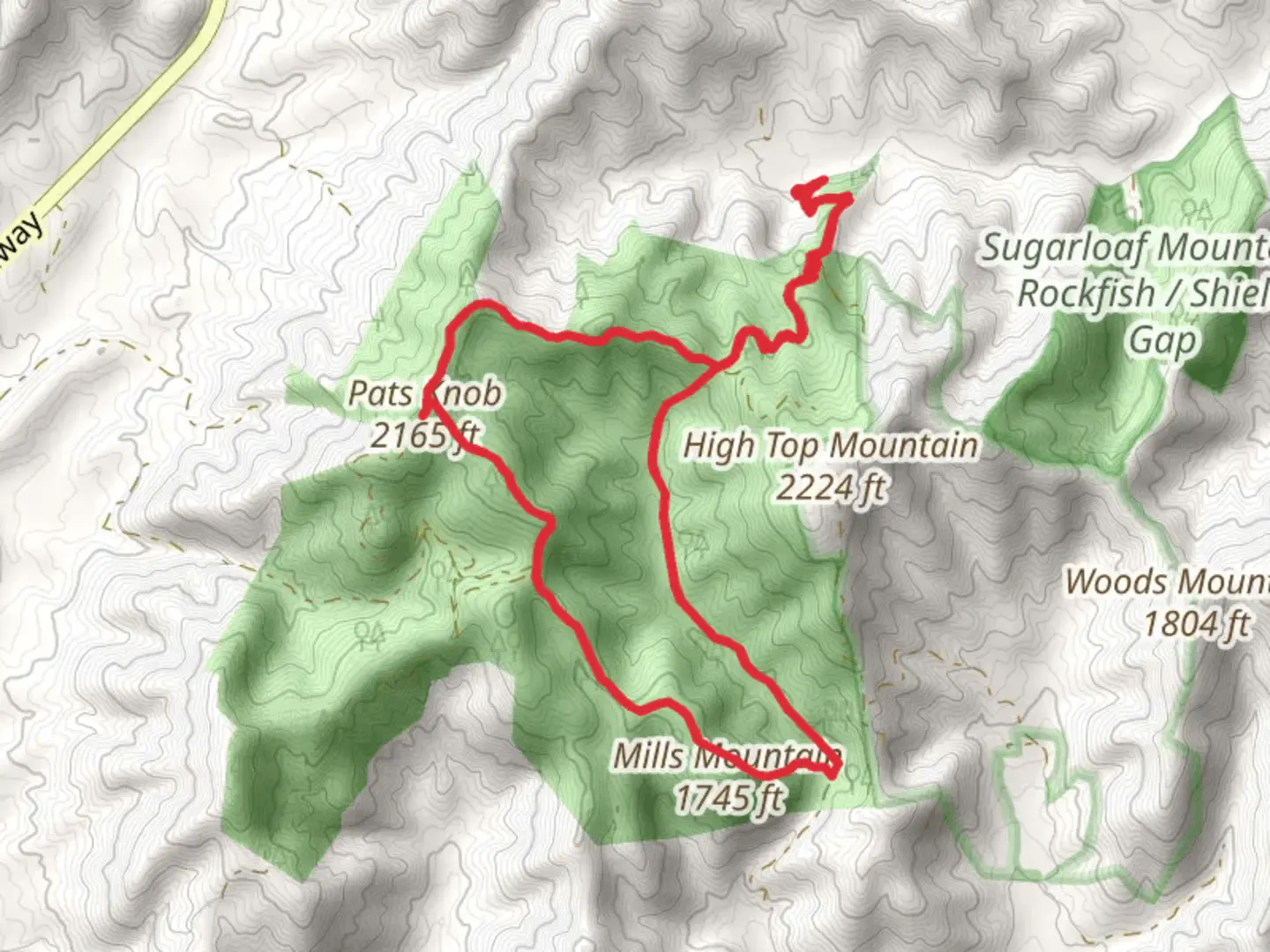 An image depicting the trail Pats Knob via Sugarloaf Mountain Loop and its surrounding area.