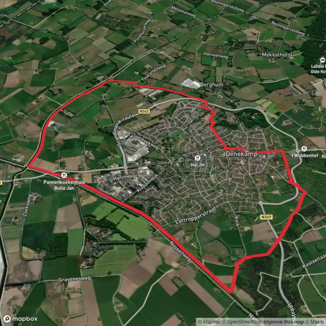 An image depicting the trail Ijsbaan, Nieuwe Werk and Denekamp Loop and its surrounding area.
