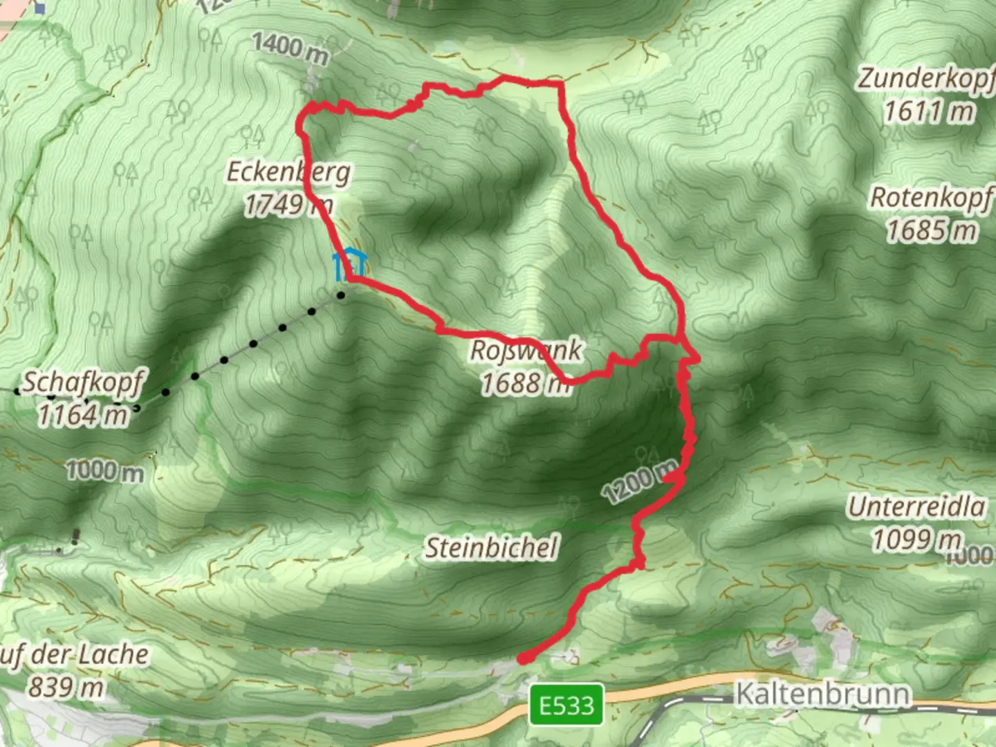 An image depicting the trail Wank Loop Via Alpina Violett and its surrounding area.