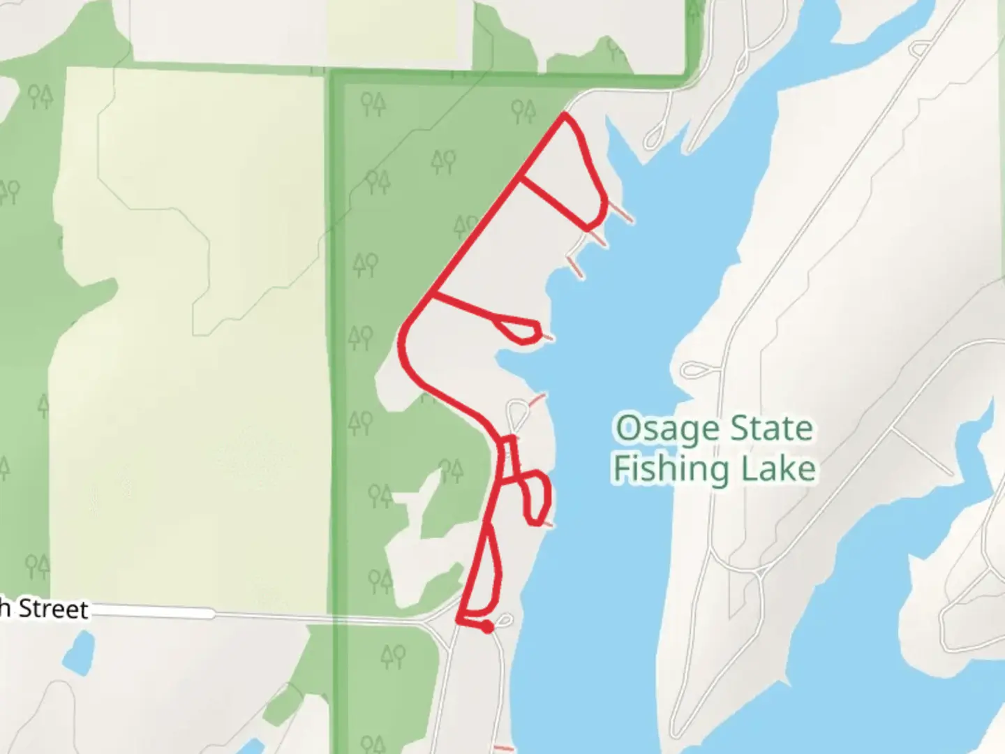 An image depicting the trail Osage State Fishing Lake Out and Back and its surrounding area.