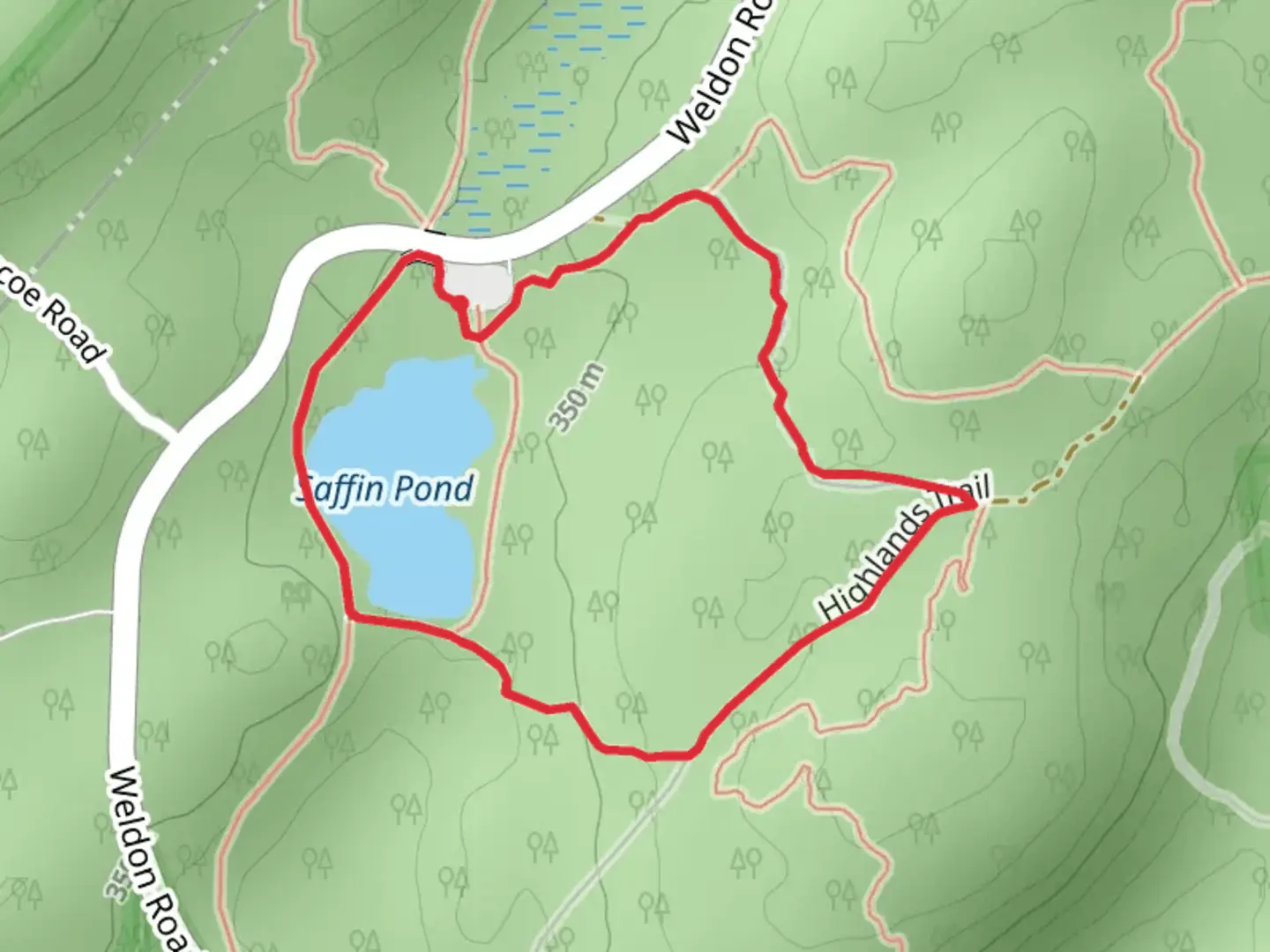 An image depicting the trail Saffin Pond Loop and its surrounding area.