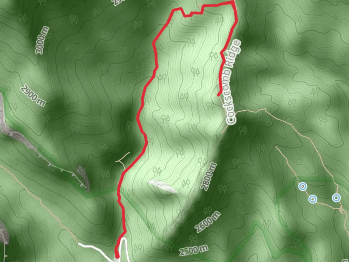 An image depicting the trail Cockscomb Ridge via Trail Canyon and its surrounding area.
