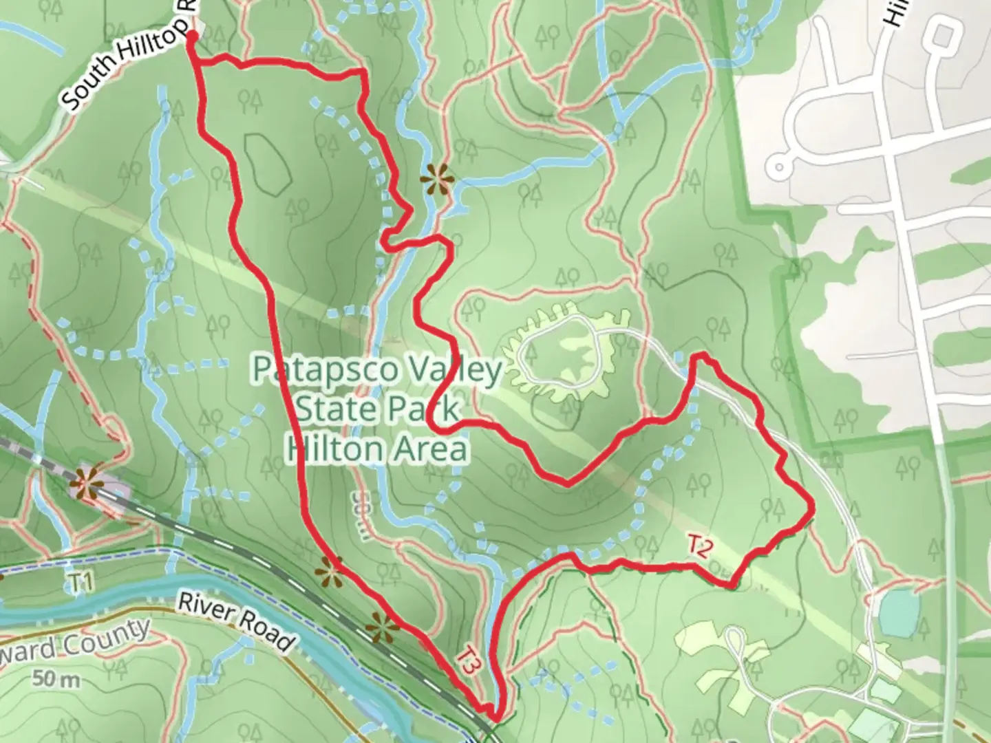 An image depicting the trail Santee Branch - Sawmill Branch - Buzzards Rock Loop Trail and its surrounding area.