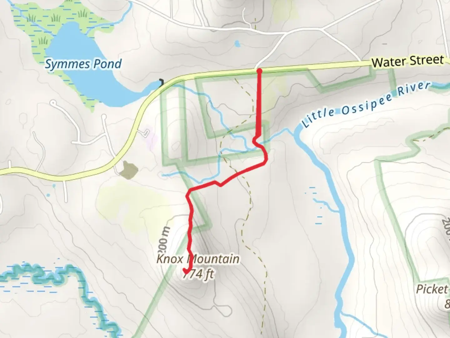 An image depicting the trail Knox Mountain from Water Street and its surrounding area.
