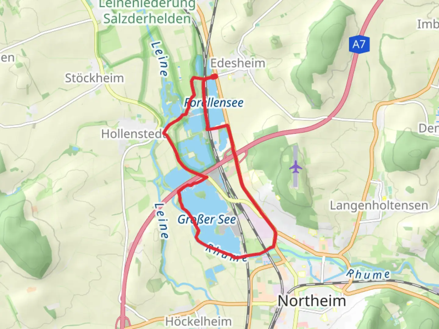 An image depicting the trail Northeimer and Großer See Loop and its surrounding area.
