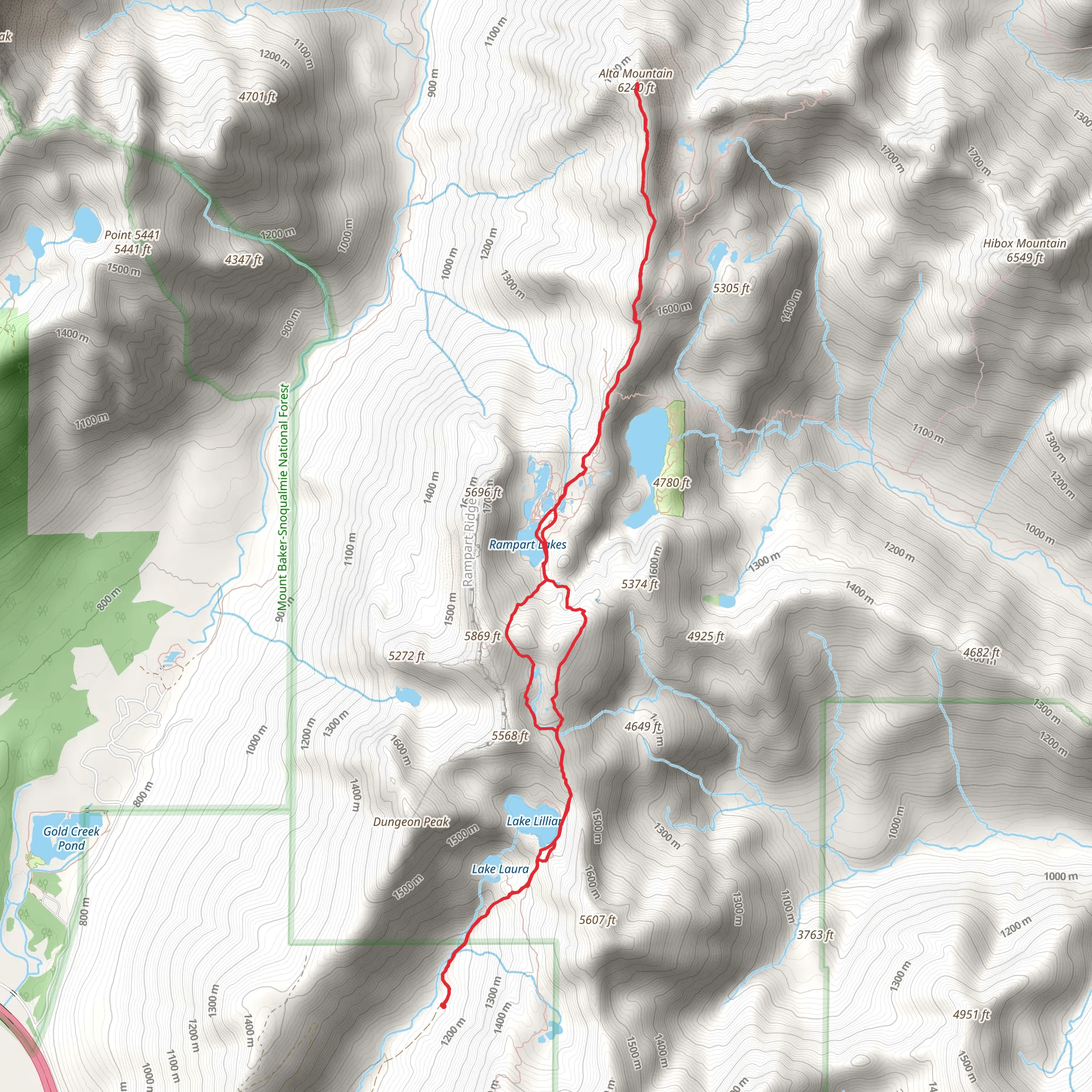 Lake Lillian, Rampart Lakes and Alta Mountain via Rampart Ridge Backdoor mobile static map