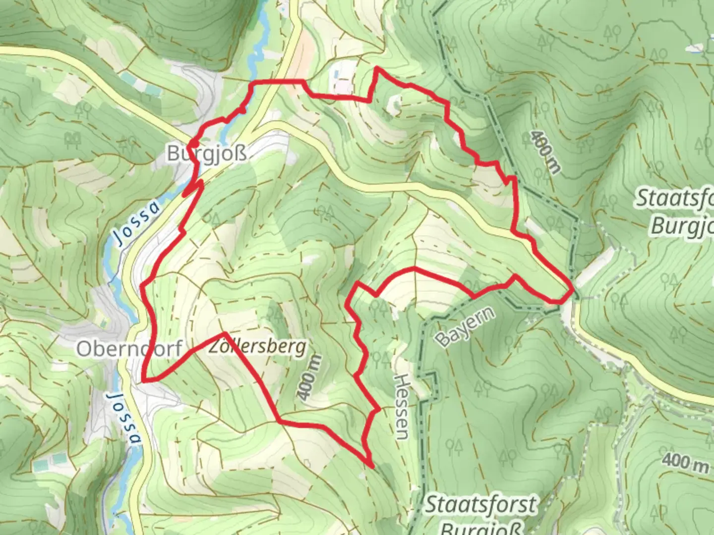 An image depicting the trail Burg Burgjoss Loop via Wanderweg and Jossgrundroute and its surrounding area.
