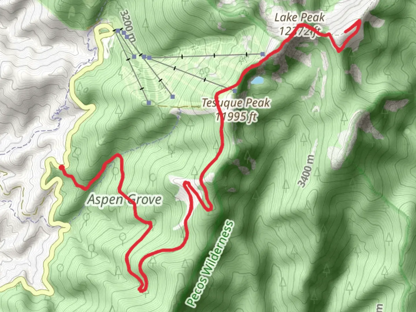 An image depicting the trail Penitente Peak from Aspen Vista and its surrounding area.