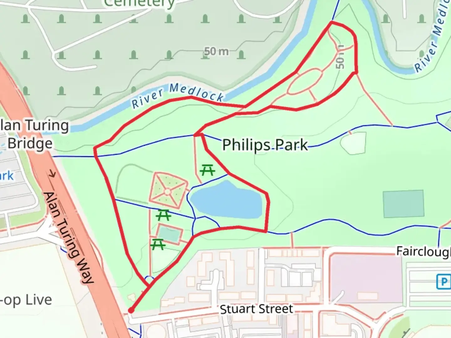 An image depicting the trail Philips Park Short Loop and its surrounding area.