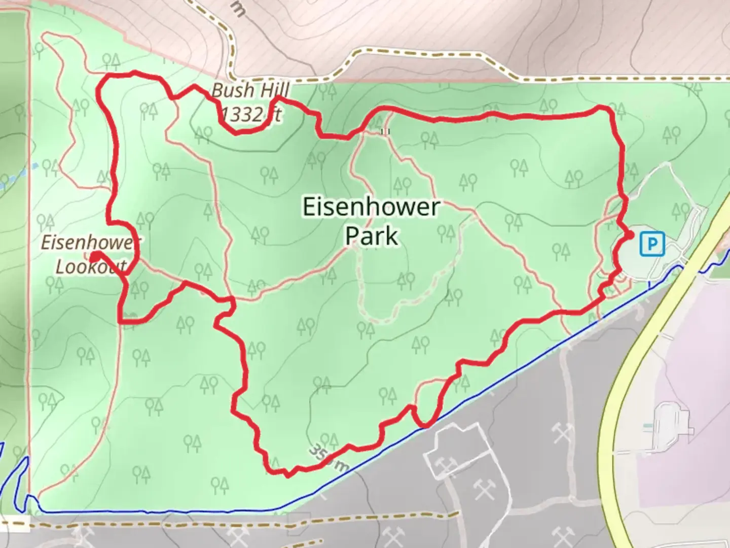 An image depicting the trail Bush Hill and Eisenhower Lookout Loop and its surrounding area.