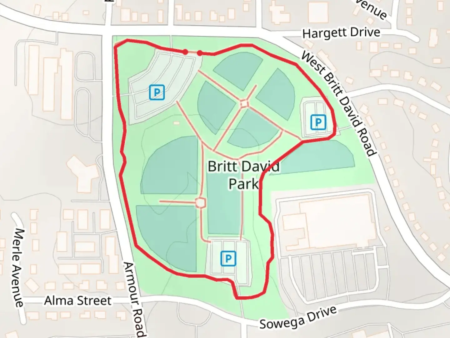 An image depicting the trail Britt David Park Loop and its surrounding area.