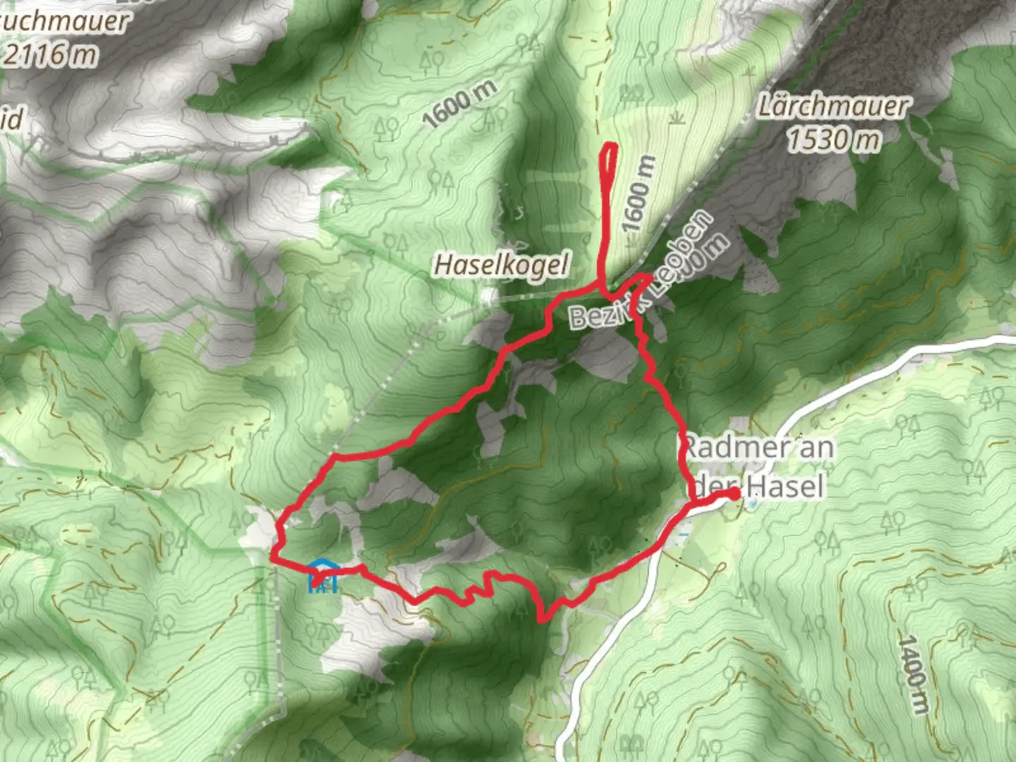An image depicting the trail Gspitzter Stein with Haselkaralm and its surrounding area.