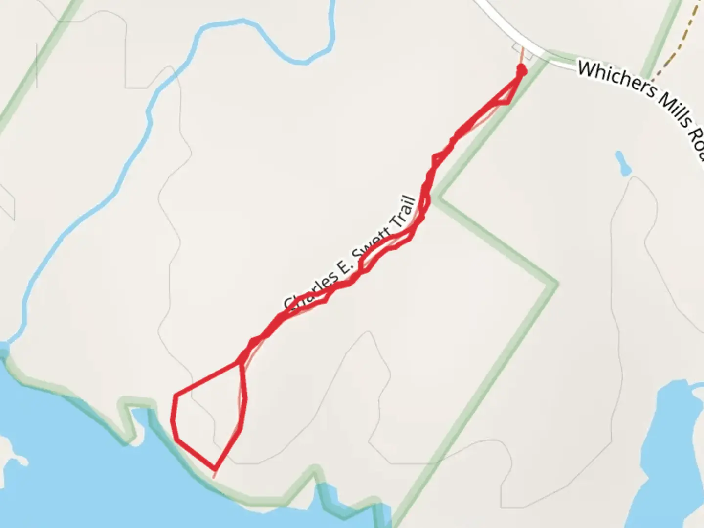 An image depicting the trail Estes Lake from Whichers Mills Road and its surrounding area.