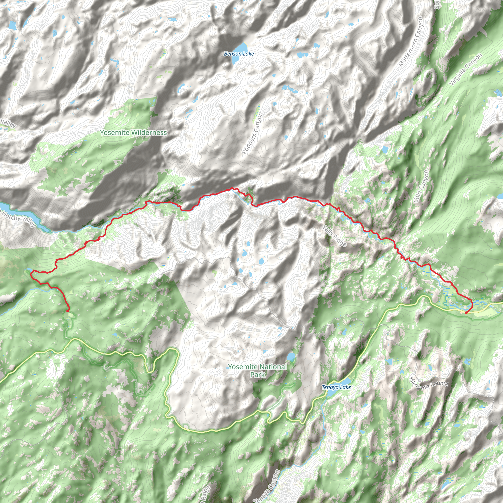 Tuolumne Meadows to White Wolf via Pacific Crest Trail mobile static map
