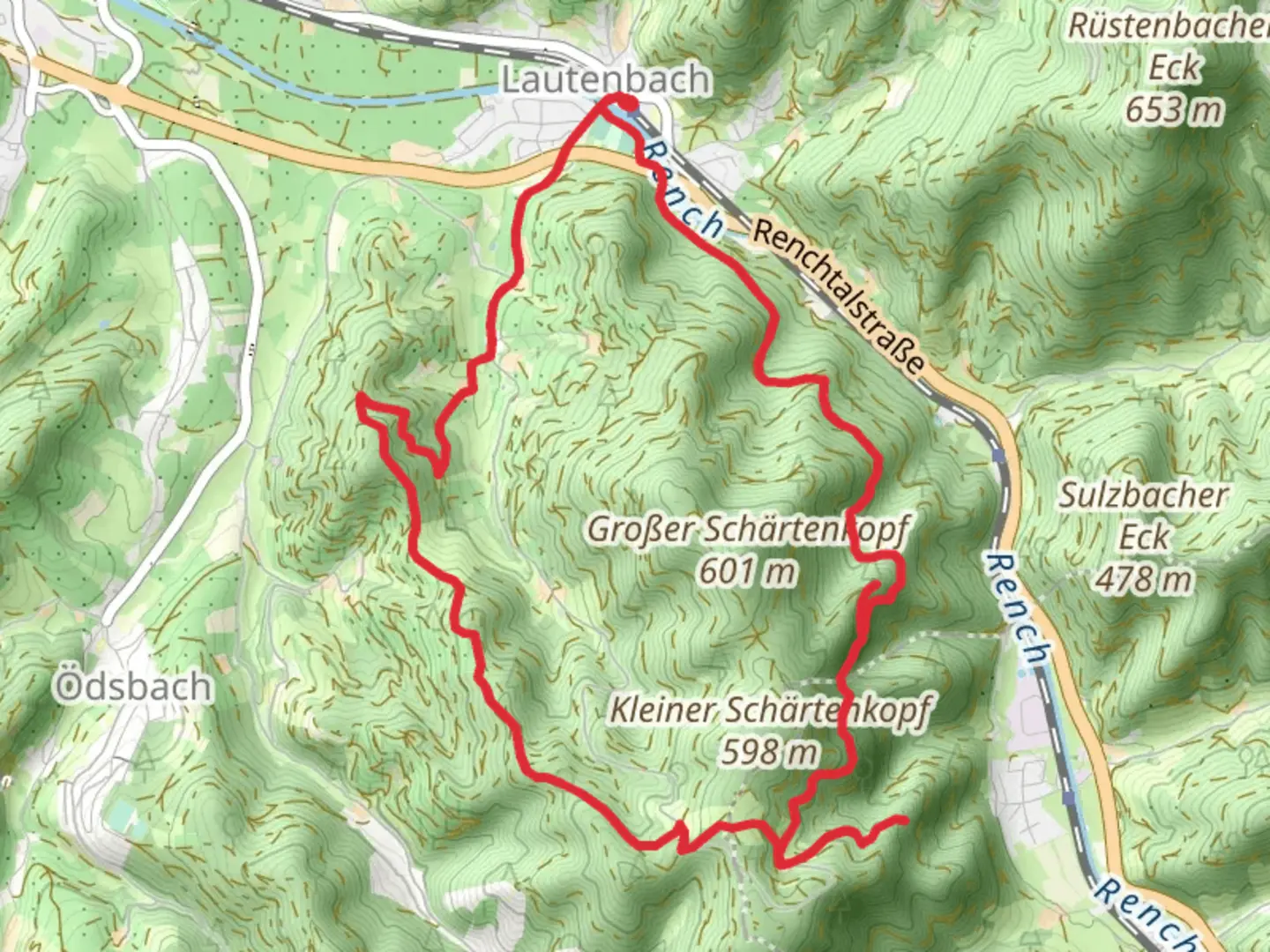 An image depicting the trail Schärtenkopfweg and Grimmersbacher Eck and its surrounding area.