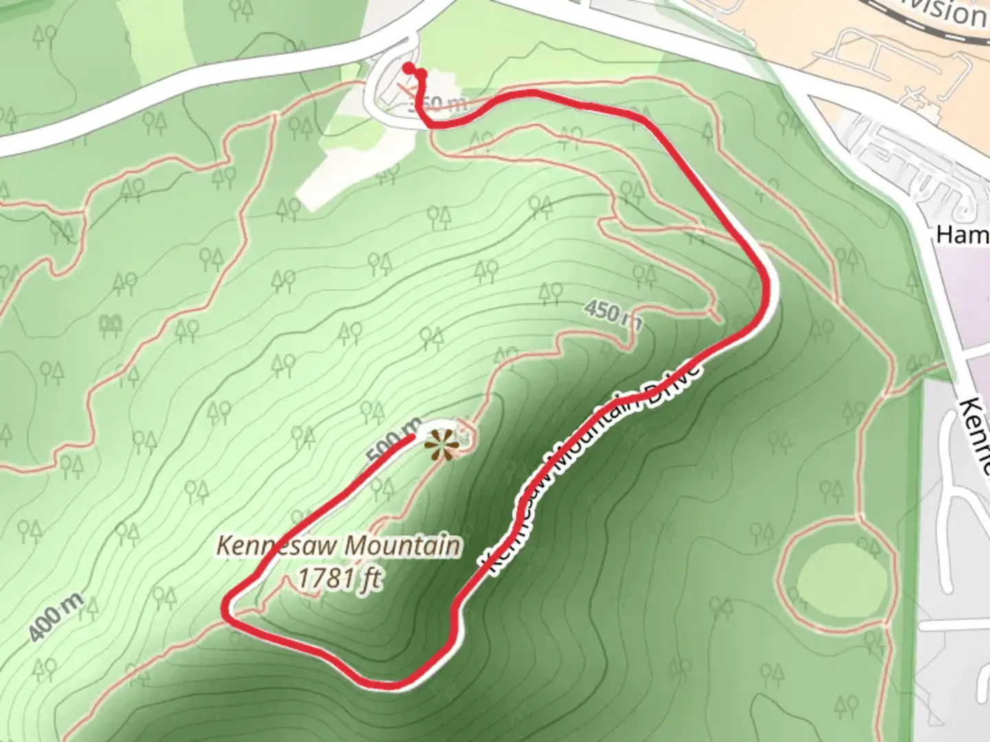 An image depicting the trail Kennesaw Mountain Drive Walk and its surrounding area.