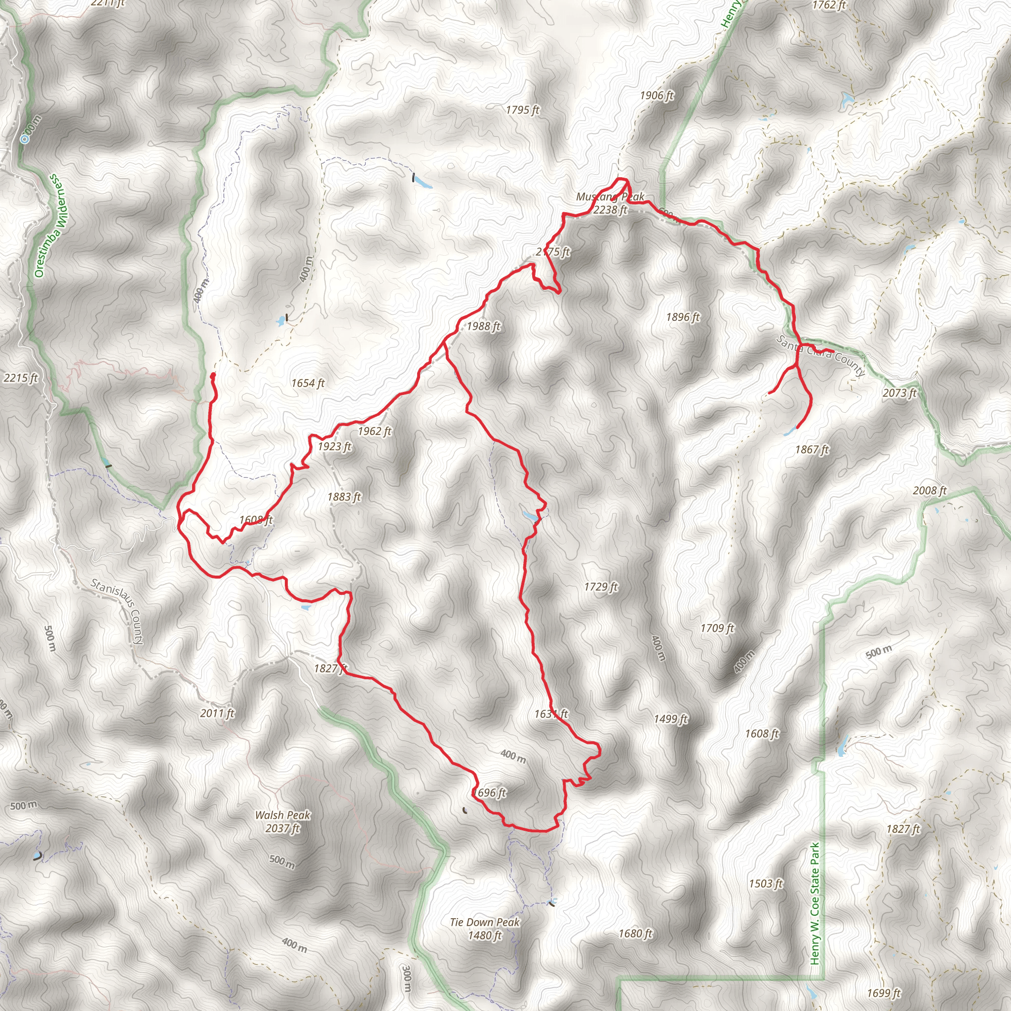 Mustang Peak, Raven Pond, Purple Pond and Dutch's Loop Trail mobile static map