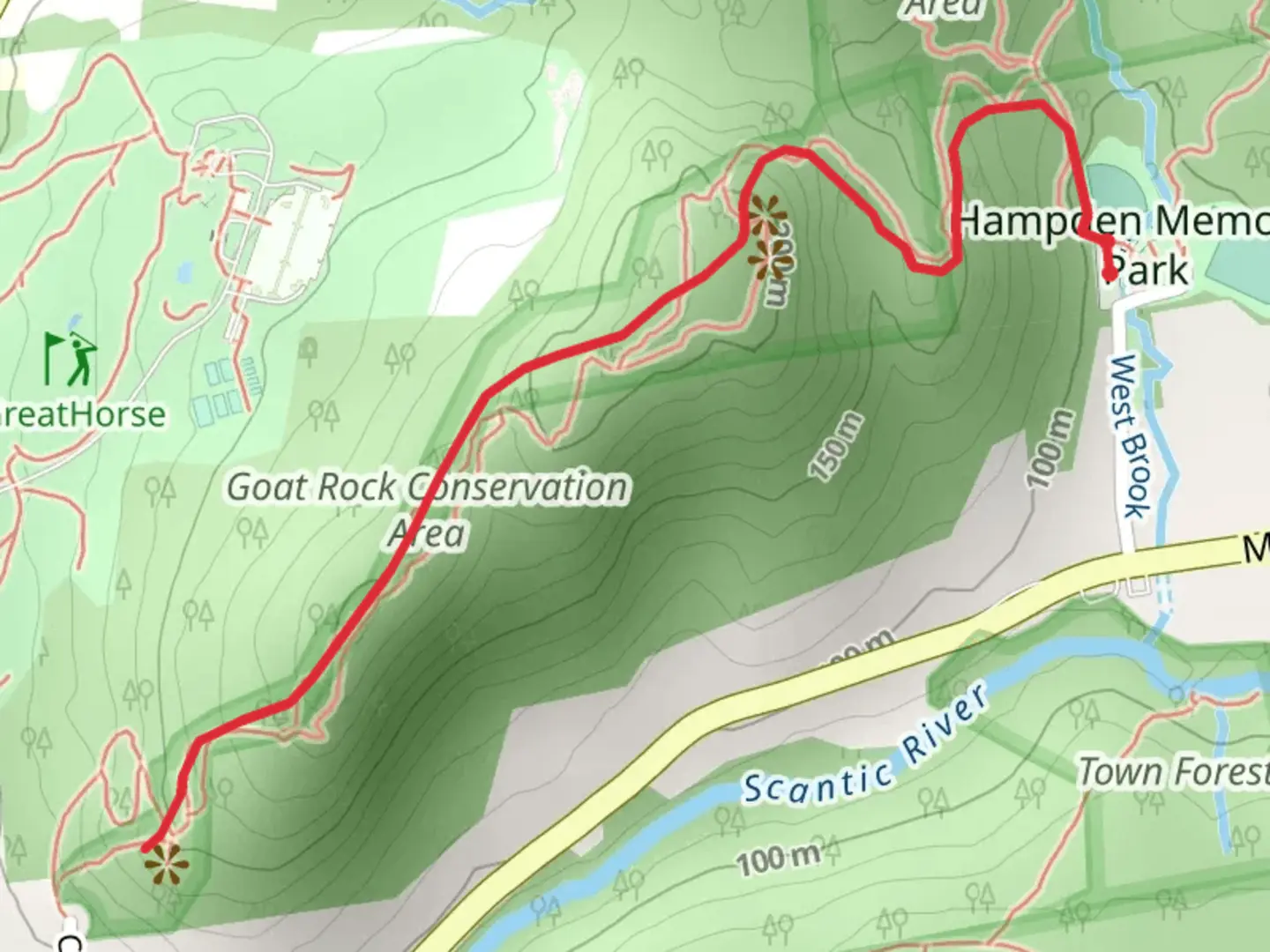 An image depicting the trail Goat Rock Trail from Memorial Park Road and its surrounding area.