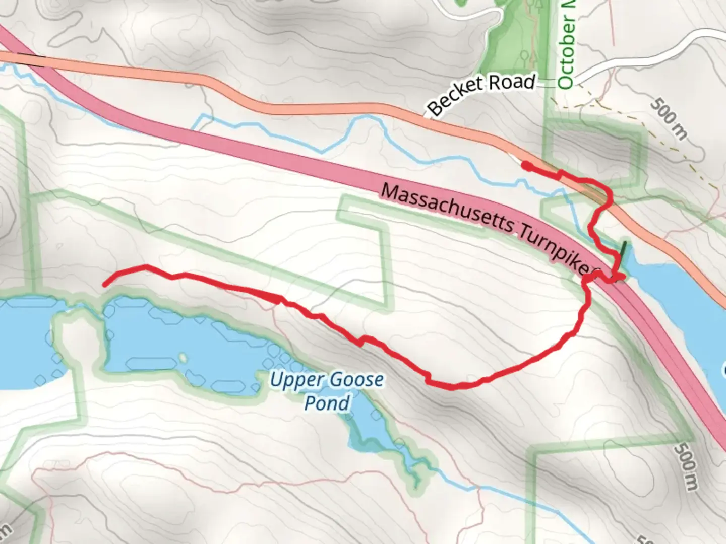 An image depicting the trail Upper Goose Pond from Cape Street and its surrounding area.