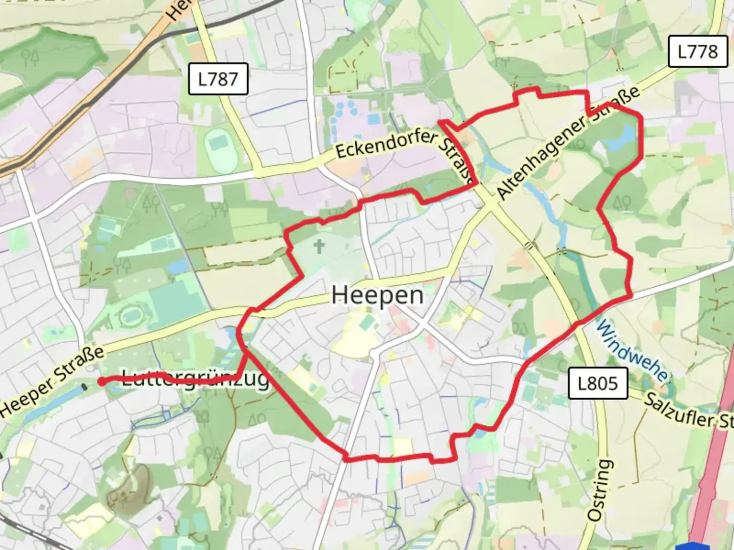 An image depicting the trail Oelteich via Baumheide and Bielefeld Bad Salzuflen and its surrounding area.