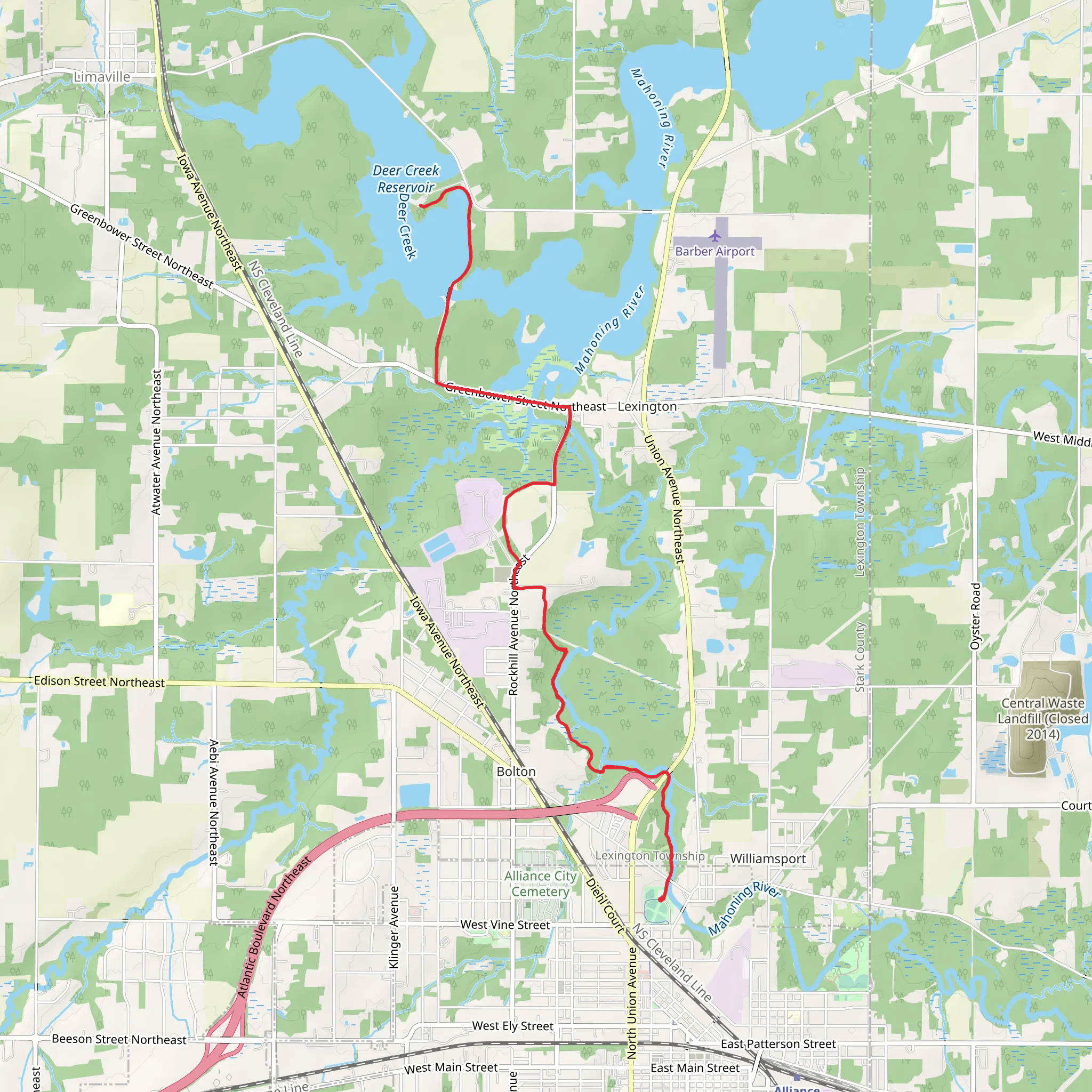 Deer Creek Reservoir via Mahoning Valley Trail mobile static map