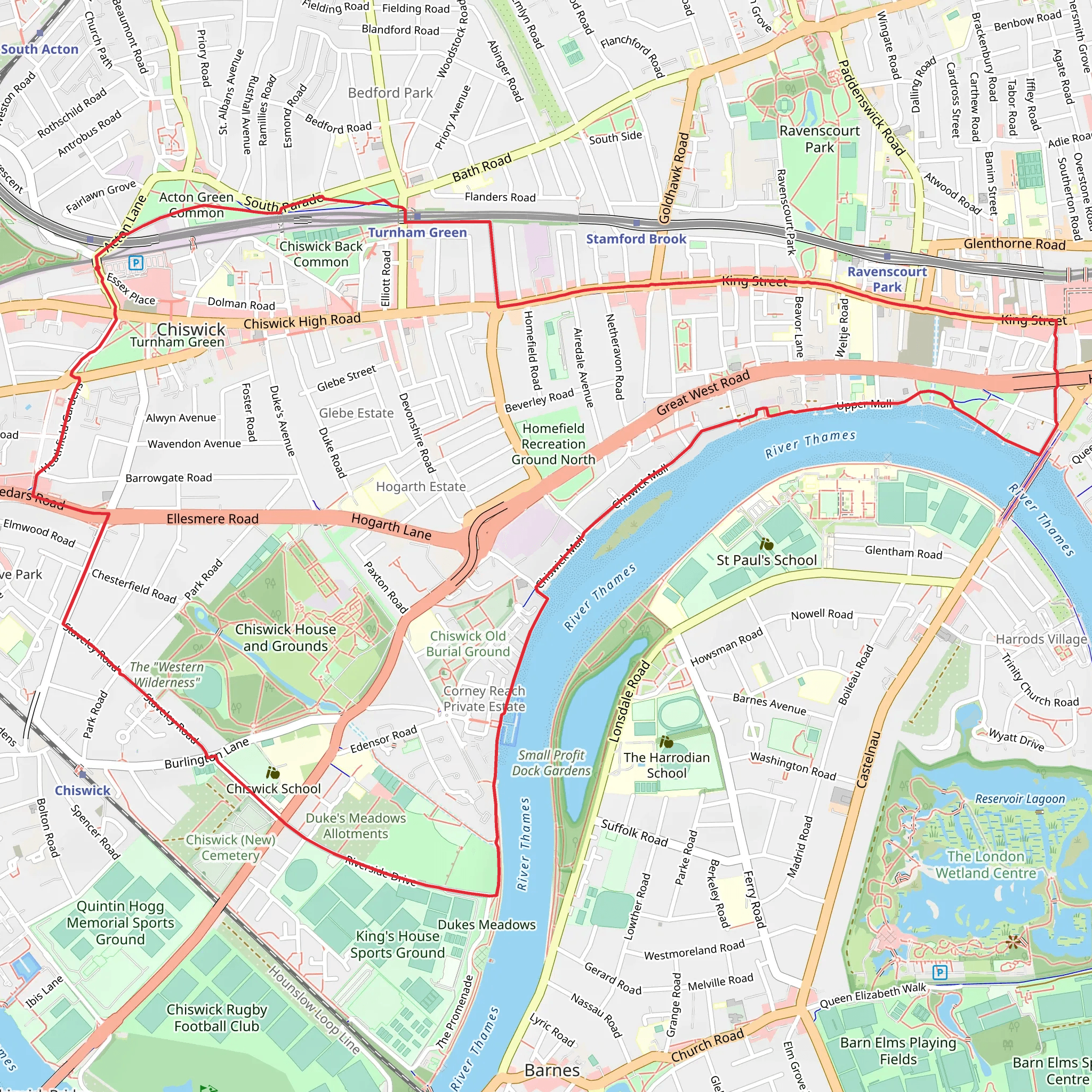Turnham Green, Dukes Meadows Recreational Area and Acton Green Common mobile static map