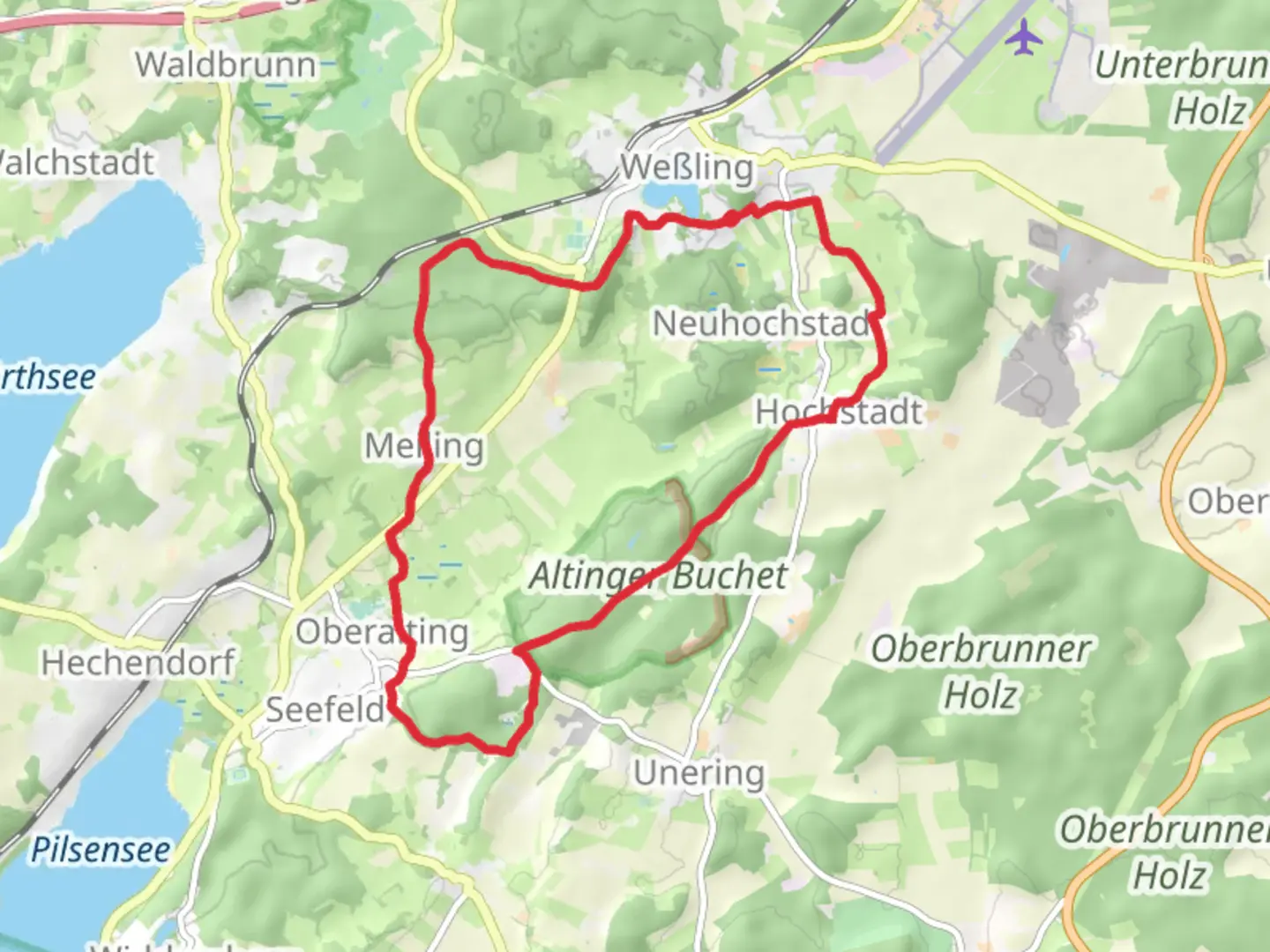 An image depicting the trail Oberpfaffenhofen and Badbichi Loop and its surrounding area.