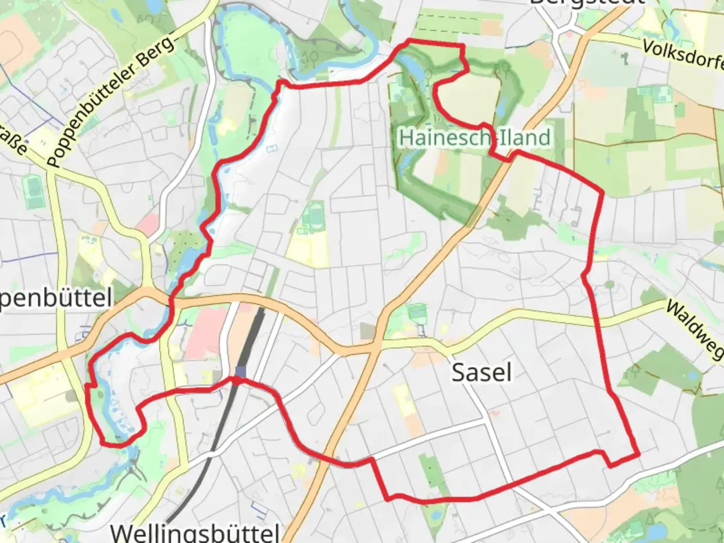 An image depicting the trail Muehlenteich and Hainesch-Iland via Alsterwanderweg and Furtstieg and its surrounding area.