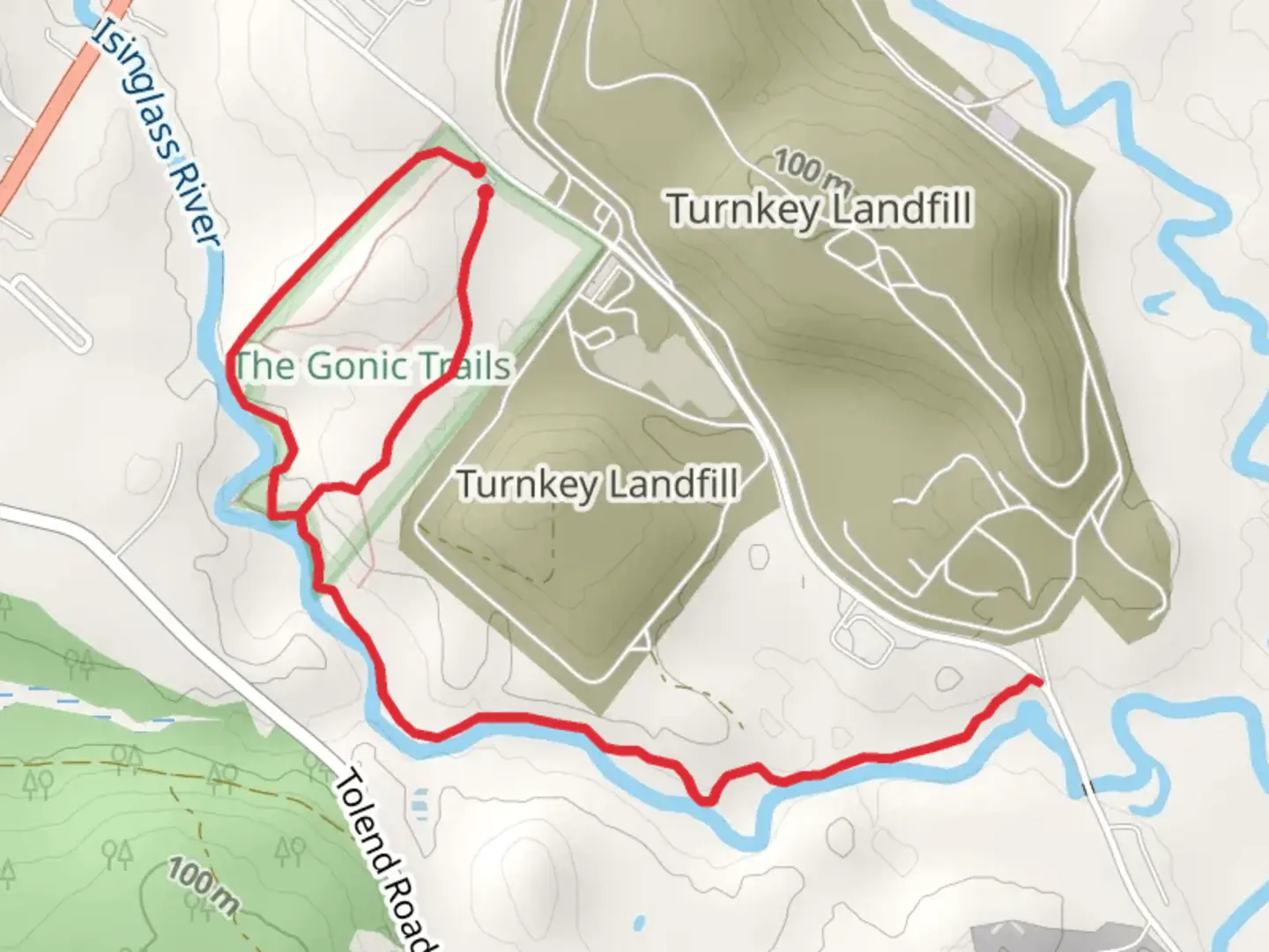 An image depicting the trail Isinglass River Loop and its surrounding area.