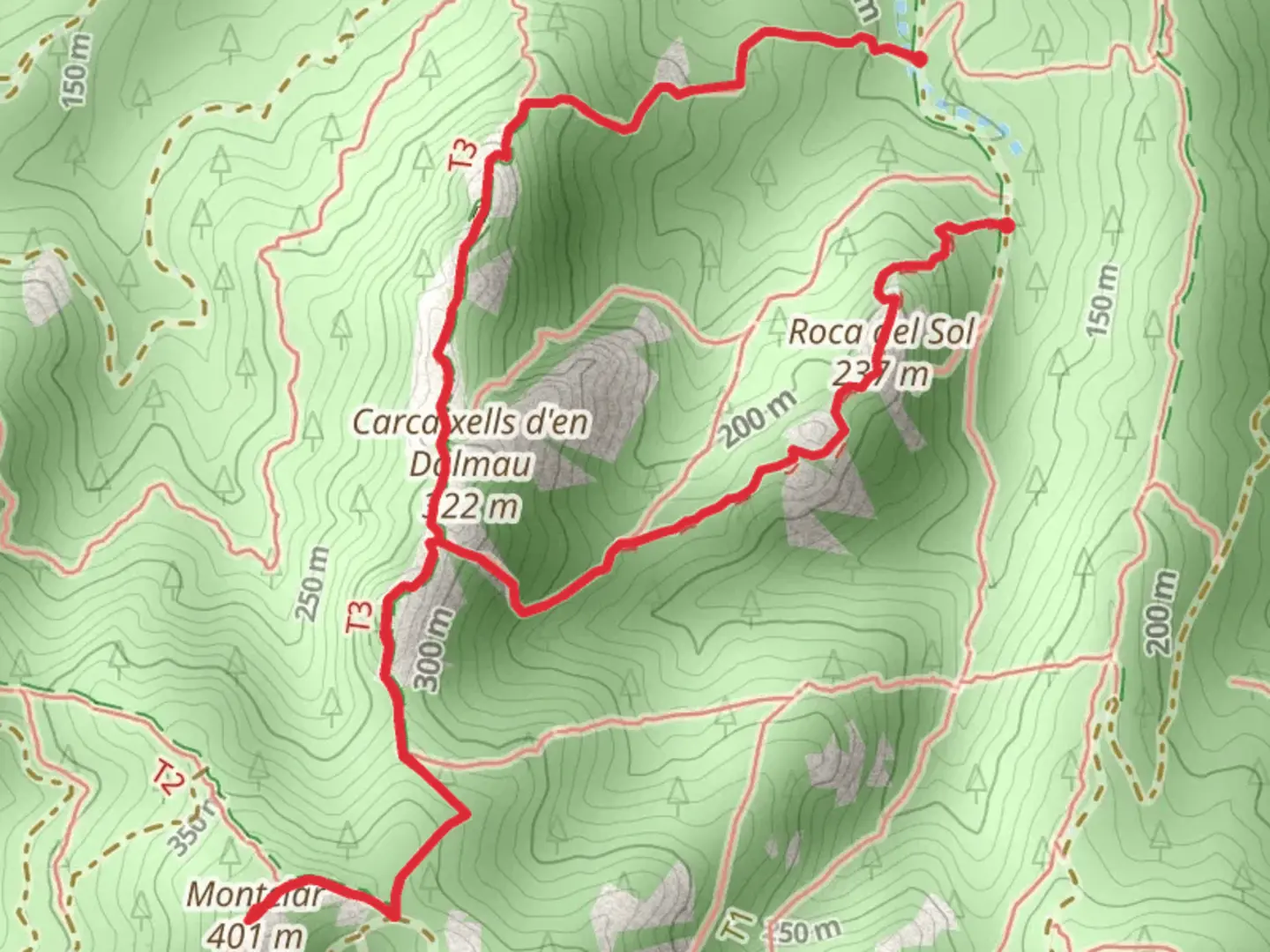 An image depicting the trail Path of Carcaixells de Dalmau i de la Roca Rodona SL C 32 and its surrounding area.