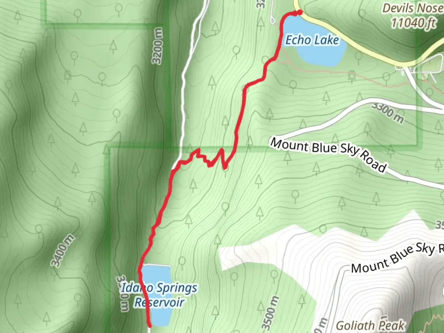 An image depicting the trail Idaho Springs Reservoir via Chicago Lakes Trail and its surrounding area.