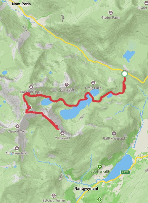 A map preview of the recording Hike on Y Lliwedd and Snowdon from Pen-y-pass.