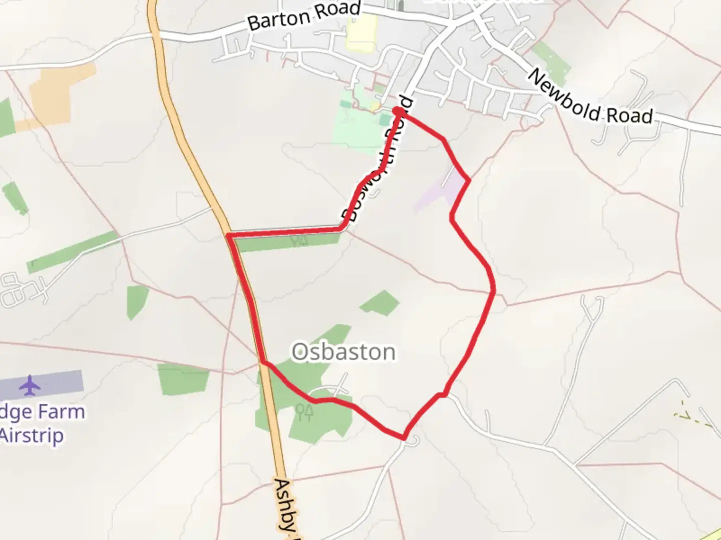 An image depicting the trail Osbaston Loop and its surrounding area.