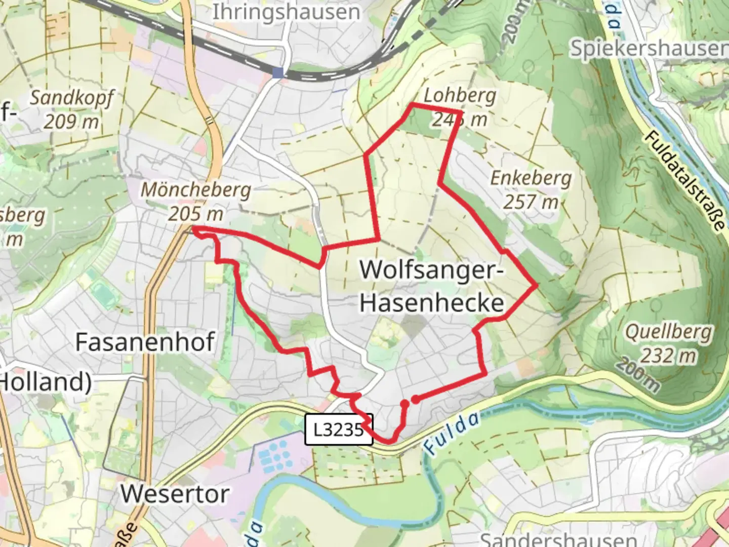 An image depicting the trail Wildbahn and Stadtwanderweg KS Nord and its surrounding area.