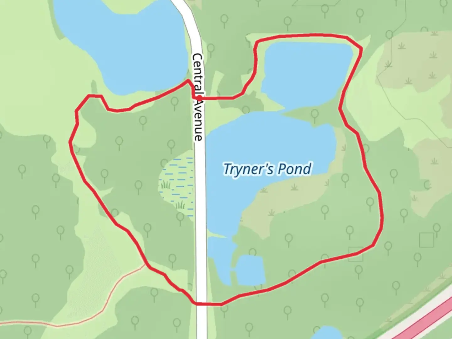An image depicting the trail Tryner's Pond Loop and its surrounding area.